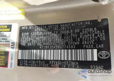 2011 Toyota Camry Le из США, поврежденный, VIN 4T1BF3EK5BU774593